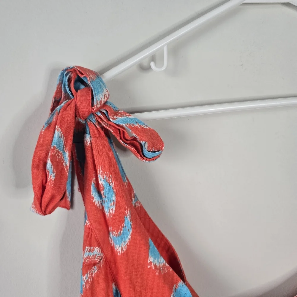 NWT Crown & Ivy One Shoulder Tie Maxi Sundress XL Orange Blue Ikat Print Pockets